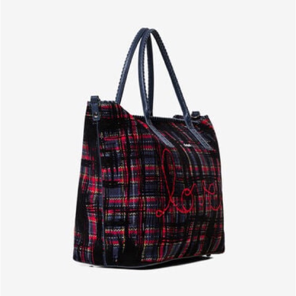 Desigual Tartan Shopping Bag Convertible Tote Shoulder Bag Embroidered Love New - Picture 1 of 11